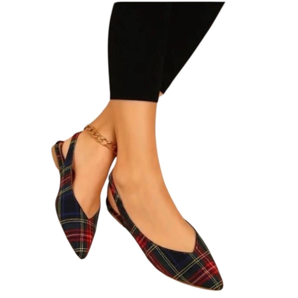 Matiko Lori Tartan Plaid Slingback Pointed Toe Flats Women’s 37 NIB Modern